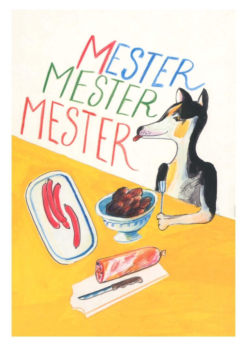 Mester Mester Mester plakat af Thomas Winding – farverig børneplakat med hund, gul baggrund og legende stil.