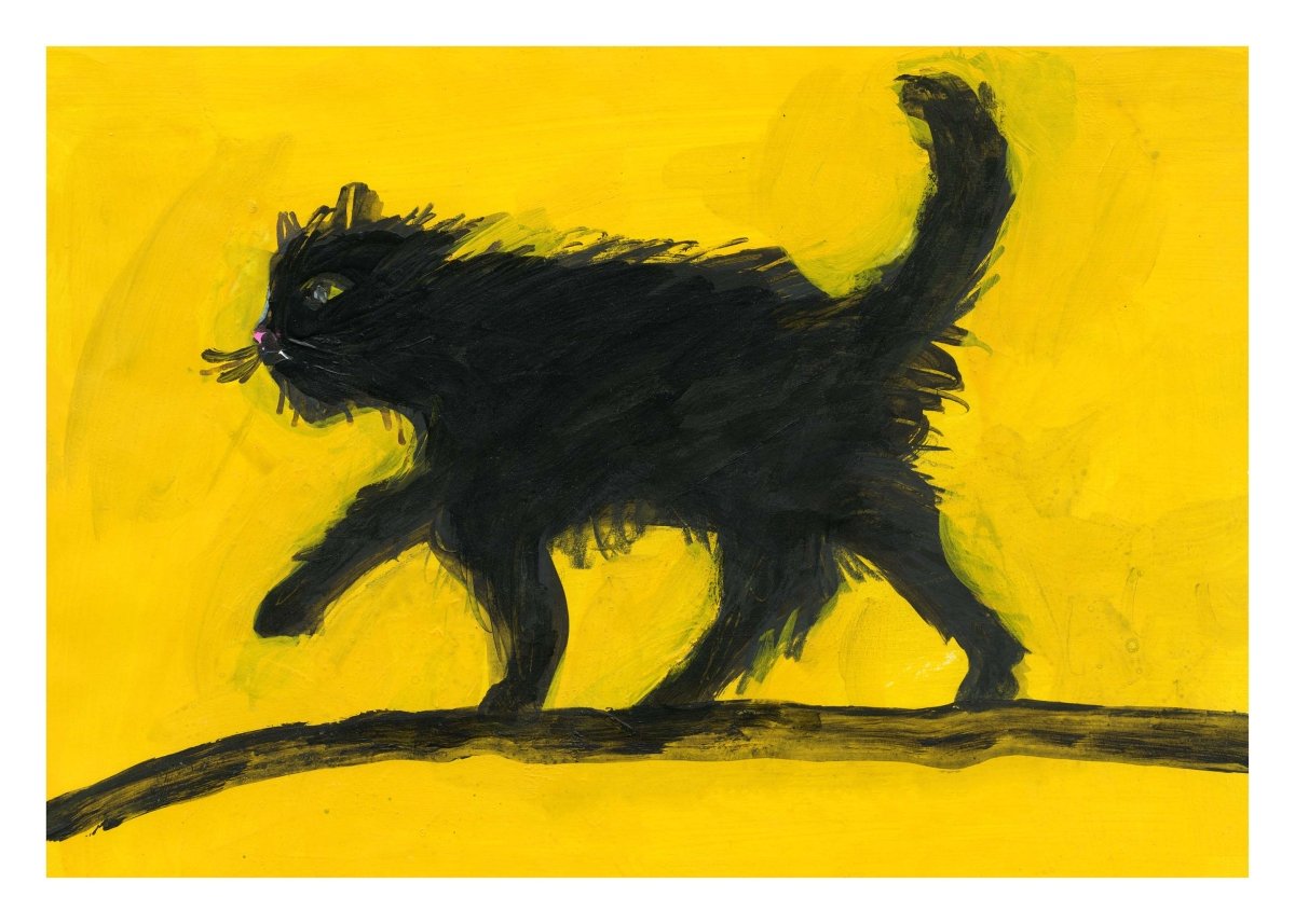 Pimme på Listepoter plakat af Thomas Winding – gul katteplakat med grafisk udtryk i varme farver.