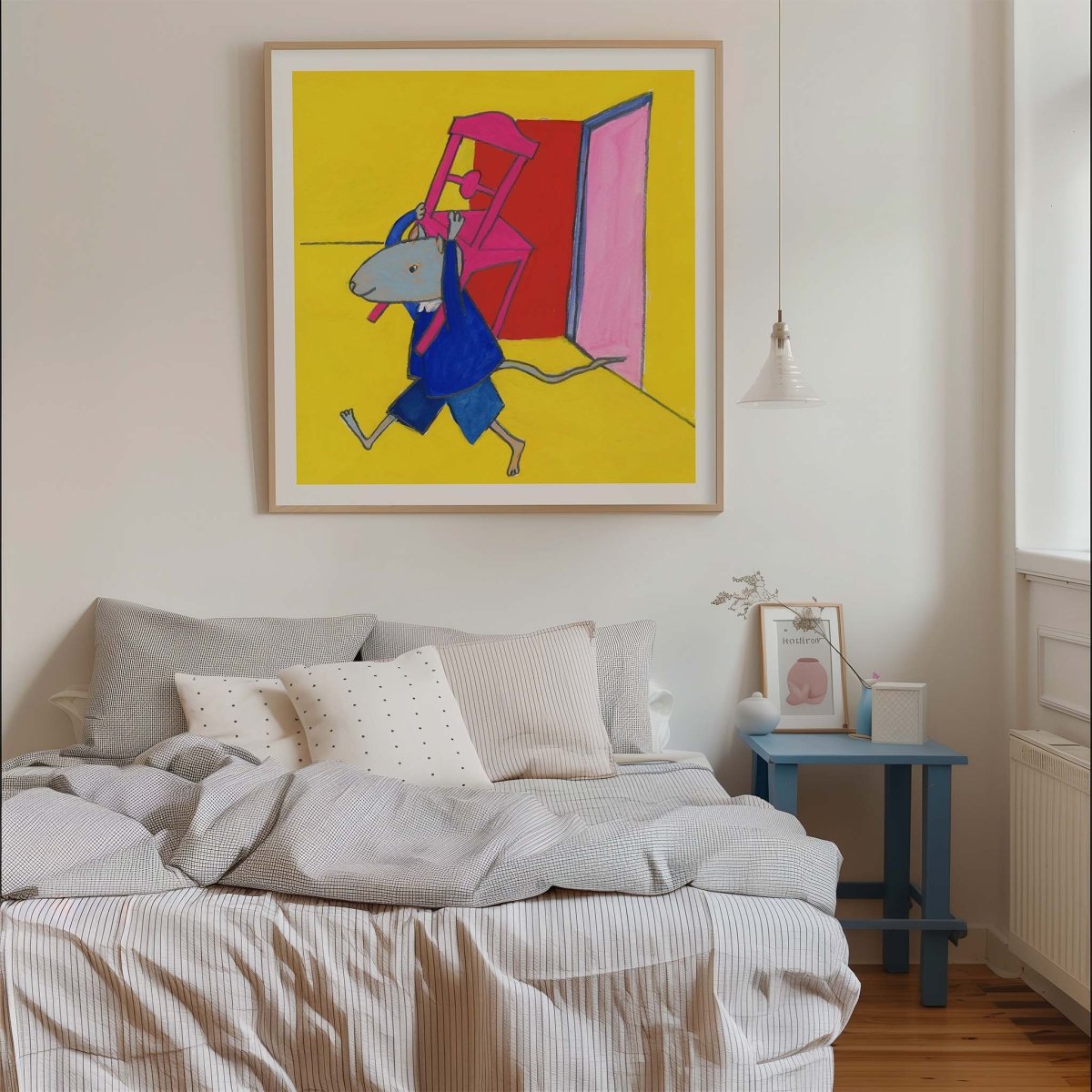 Indrammet Mussemand har en plan plakat af Thomas Winding – børneplakat vist i soveværelse.