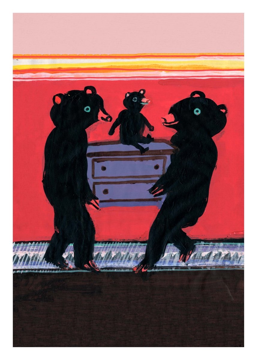 Den lille bamse som Flyttemand plakat af Thomas Winding – farverig børneplakat fra Pyh siger den lille Bamse.