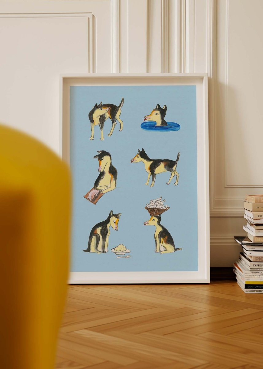 Indrammet En dag i Mesters liv plakat af Thomas Winding – farverig børneplakat vist i moderne hjem.