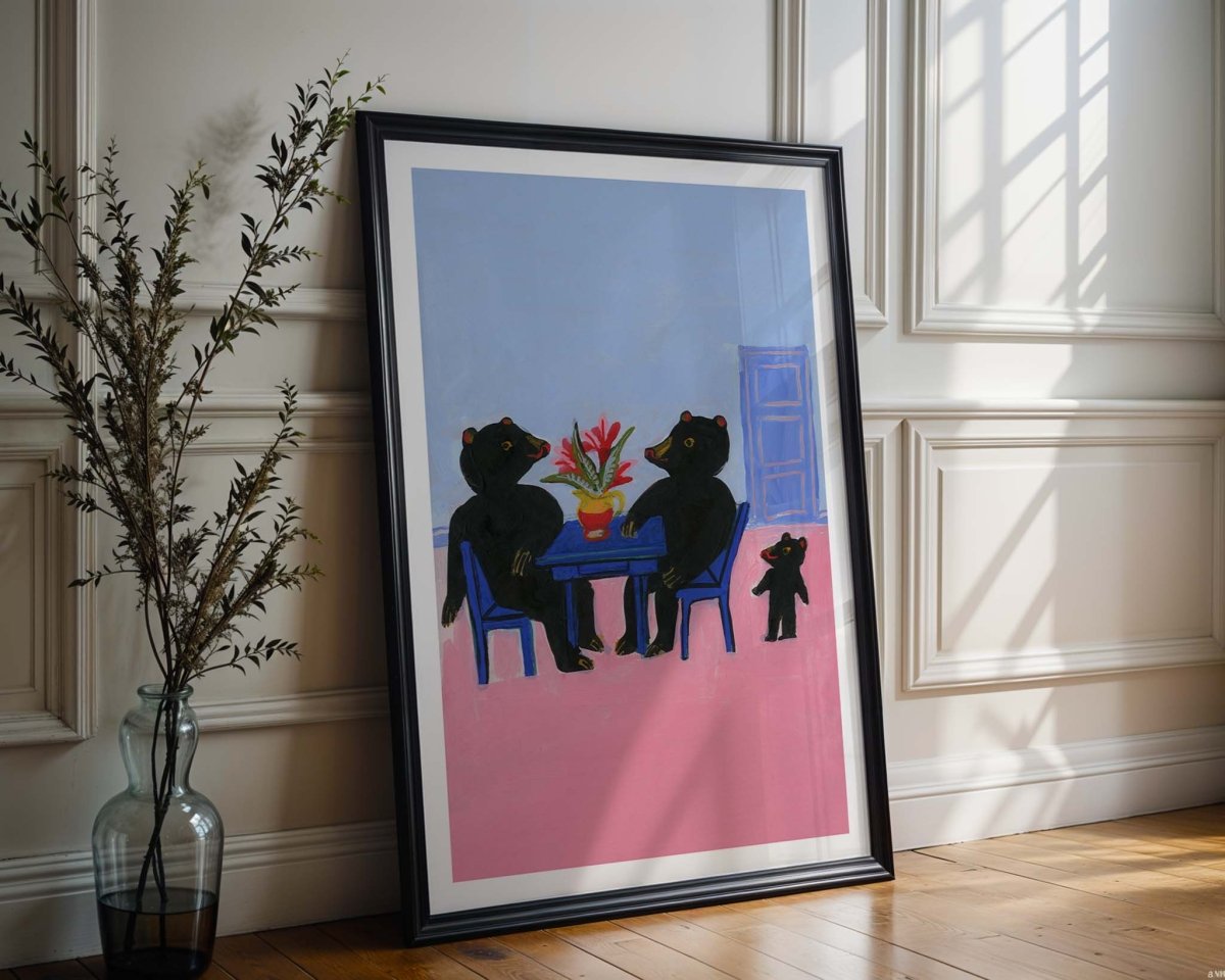 Indrammet Hov, hvor er min stol? plakat af Thomas Winding – humoristisk børneplakat med bamse.