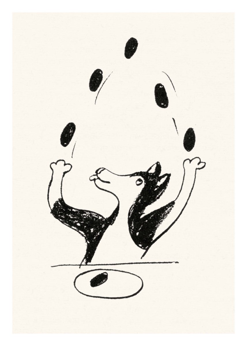 Frikadellejongløren plakat af Thomas Winding – humoristisk børneplakat med jonglerende figur og frikadeller.