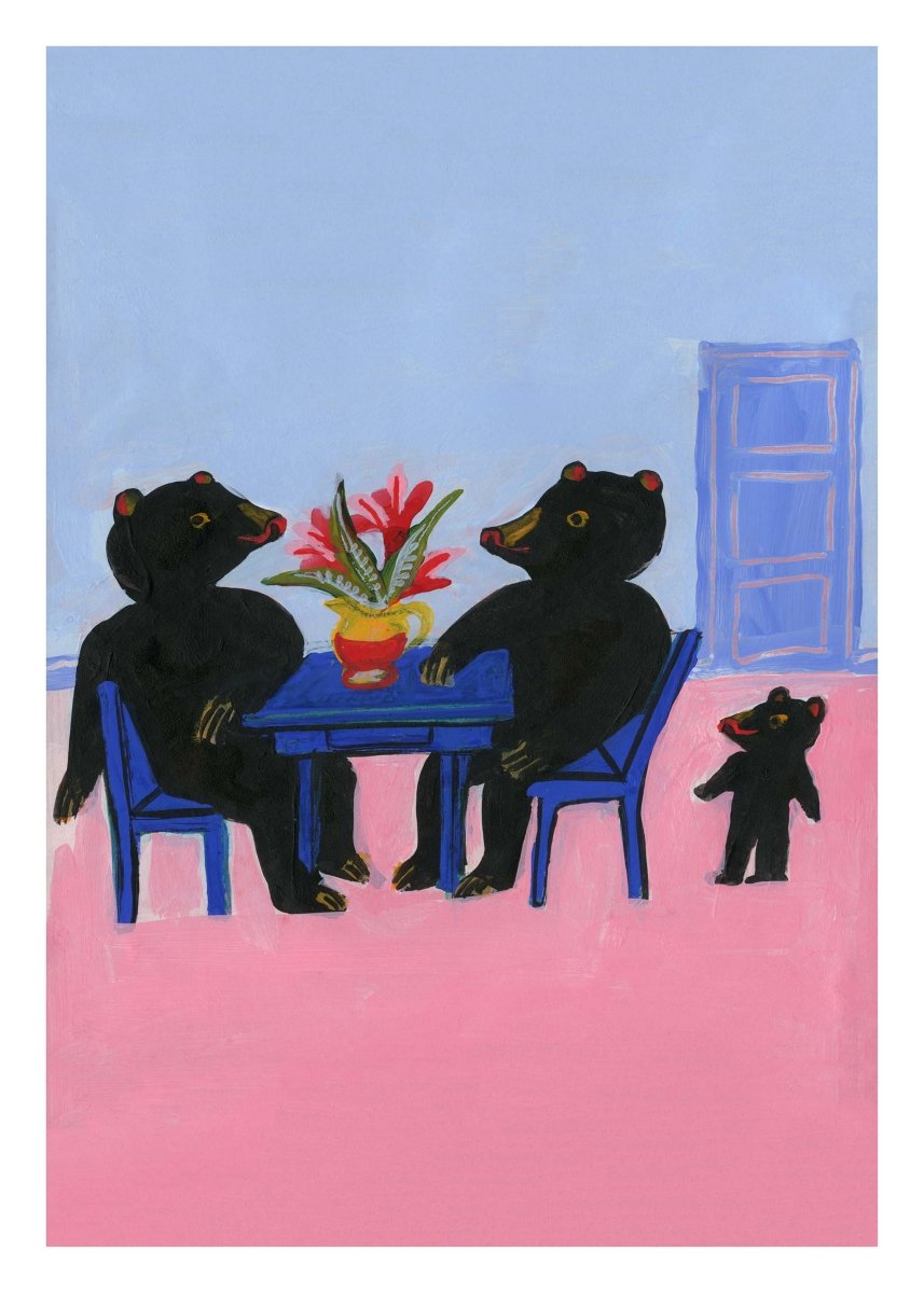 Hov, hvor er min stol? plakat af Thomas Winding – lille bamse leder efter sin stol, sjov børneplakat.