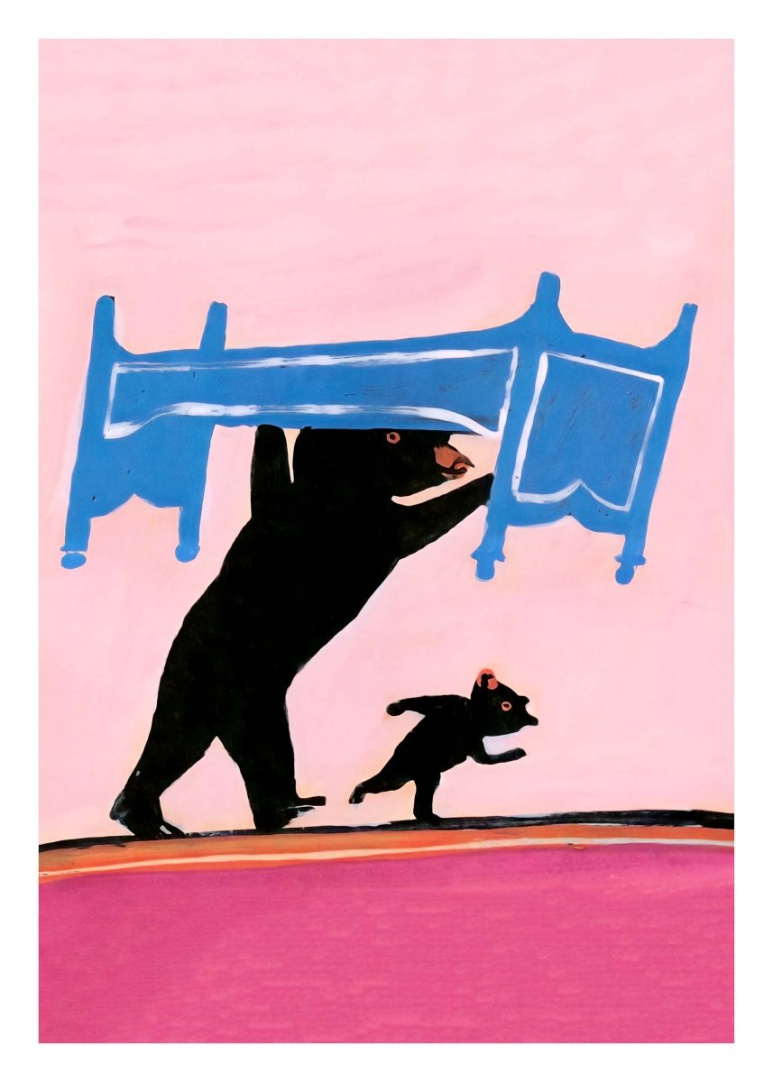 Hvor skal vi nu sove plakat af Thomas Winding – bamseillustration fra Pyh siger den lille Bamse, børneplakat.