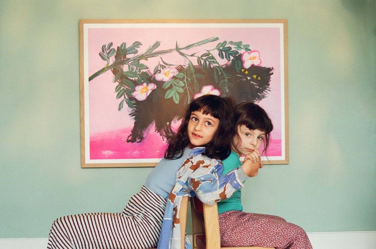 Indrammet Pimme under roserne plakat af Thomas Winding – katteplakat vist i moderne hjem.