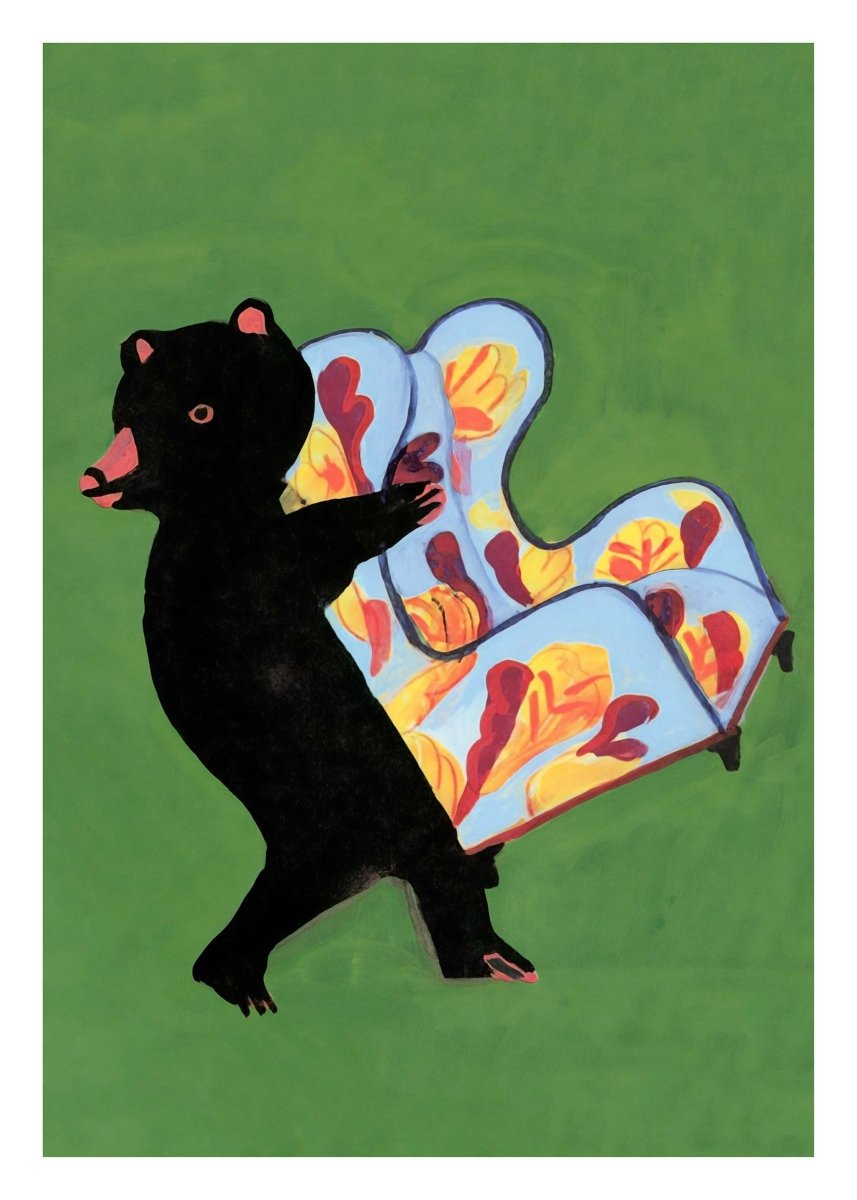 Lænestolens lange rejse plakat af Thomas Winding – bamse på rejse, børneplakat fra Pyh siger den lille Bamse.