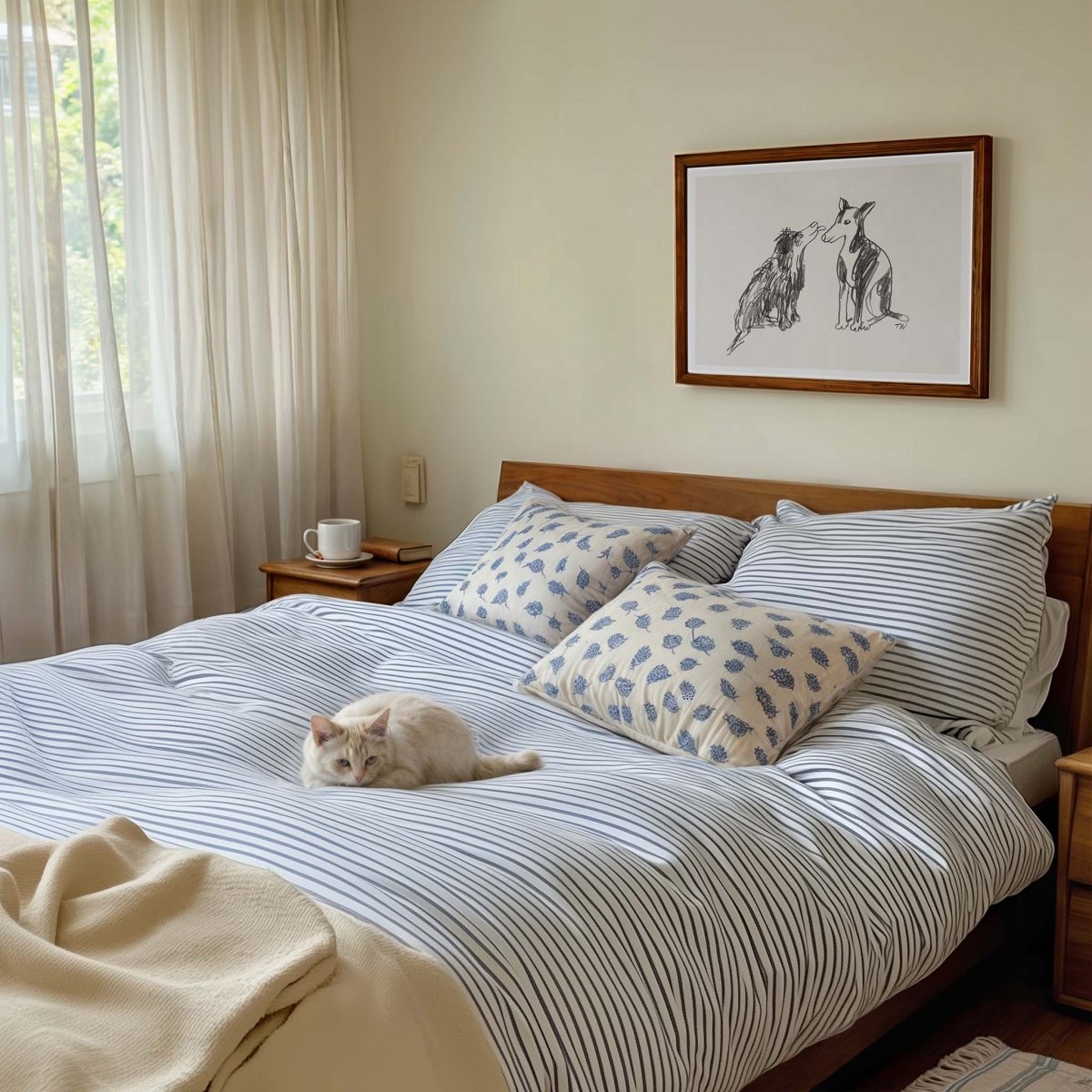 Indrammet hundeplakat af Thomas Winding – stregtegning med to hunde, vist i soveværelse med nordisk stil.