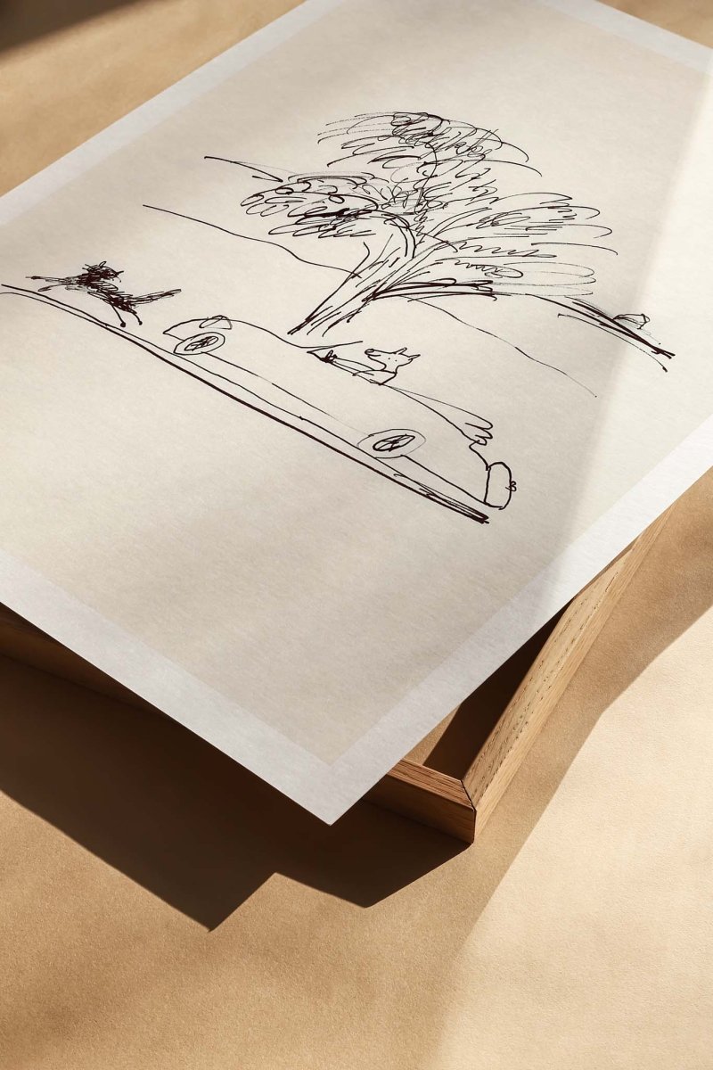 Indrammet Mesters racerbils plakat af Thomas Winding – minimalistisk børneplakat med sjovt bilmotiv.