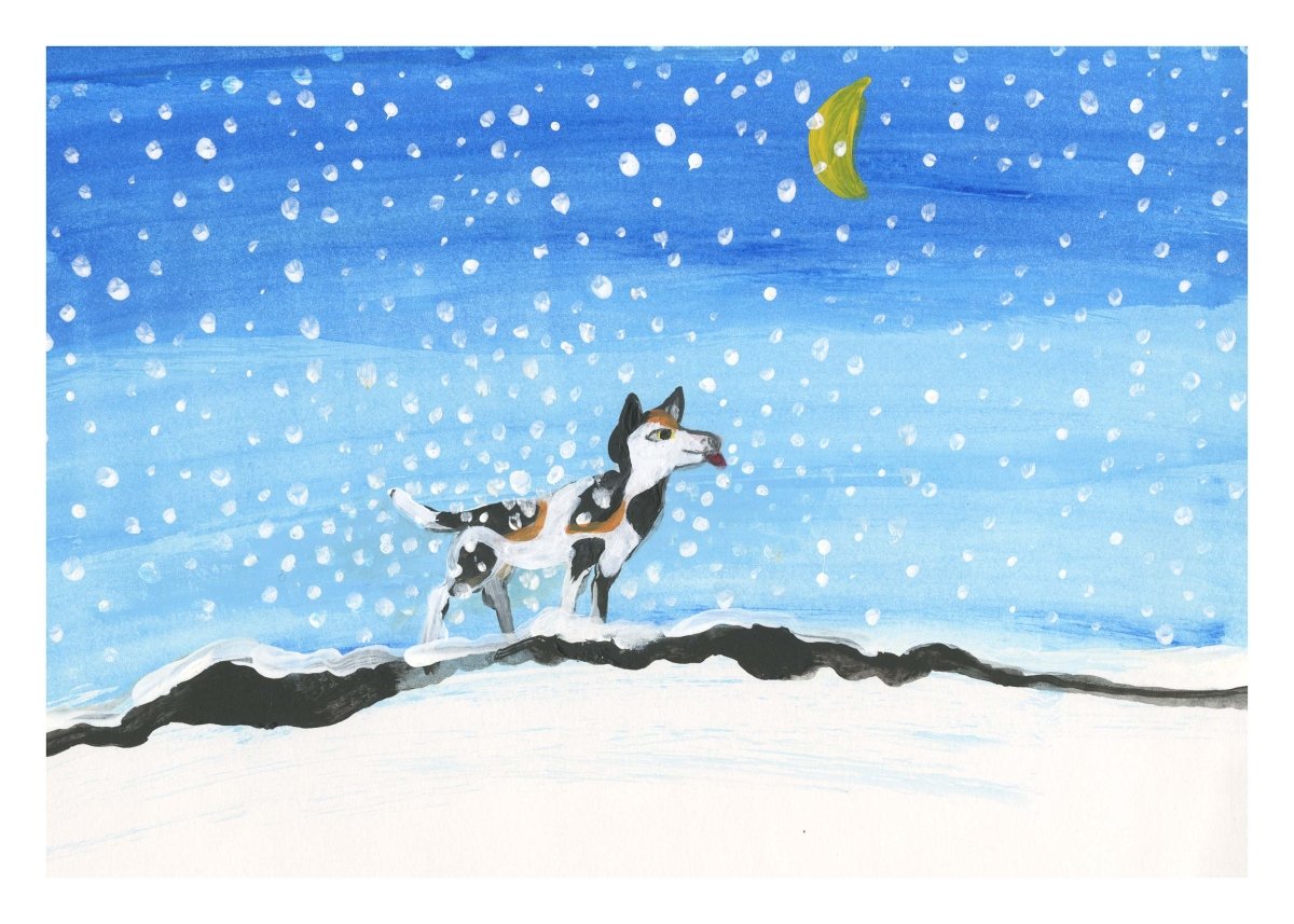 Mesters snesnude plakat af Thomas Winding – vinterlig hundeplakat med sne og leg, børneplakat til hjemmet.