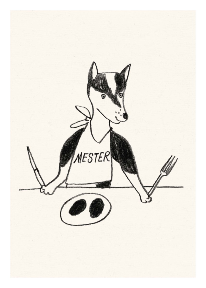 Mesters Middag plakat af Thomas Winding – humoristisk børneplakat fra bogen Min lille hund Mester og andre Dyr.