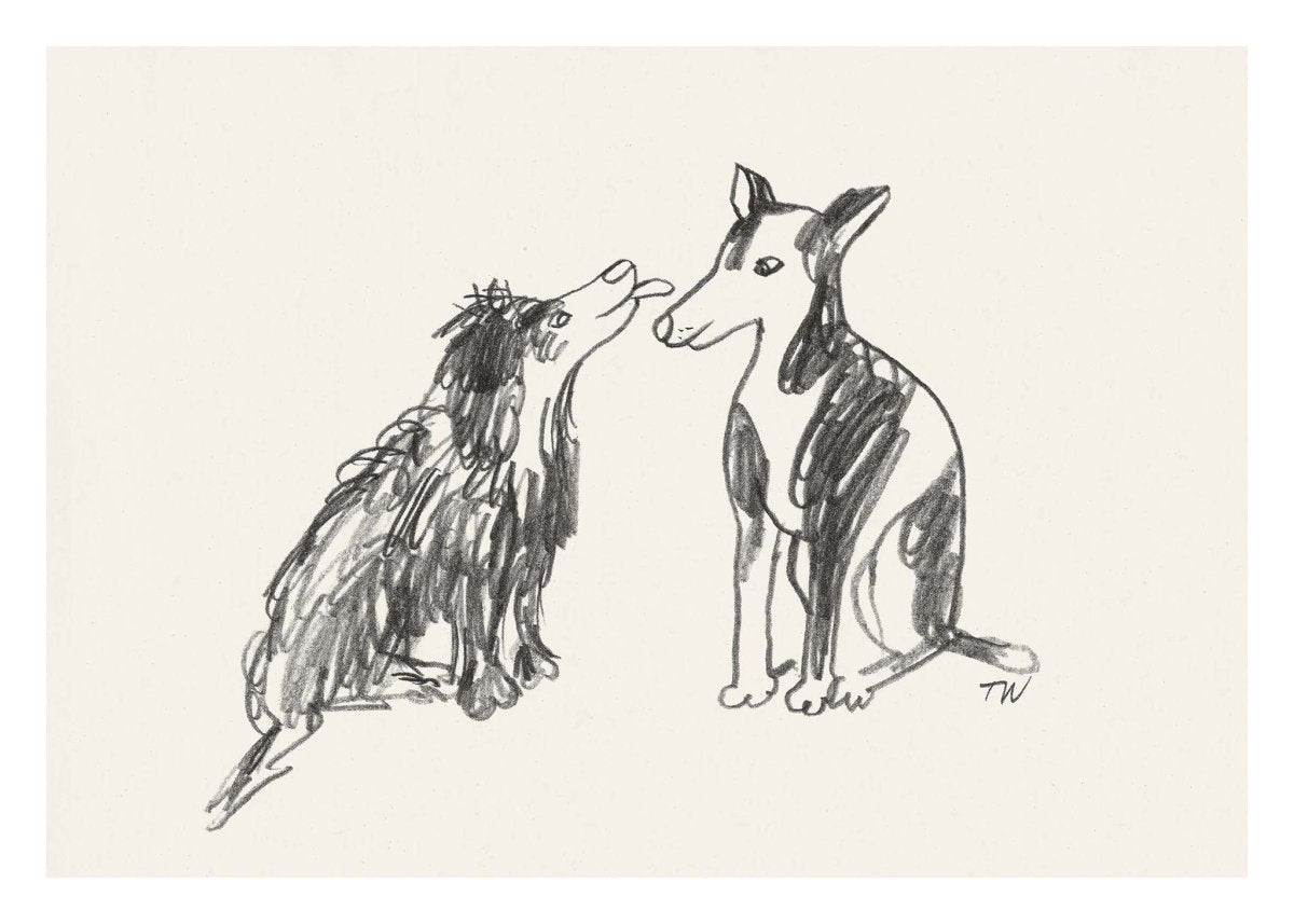 Thomas Winding plakat med to hunde i stregtegning – enkel og poetisk børneplakat fra Mester-universet.