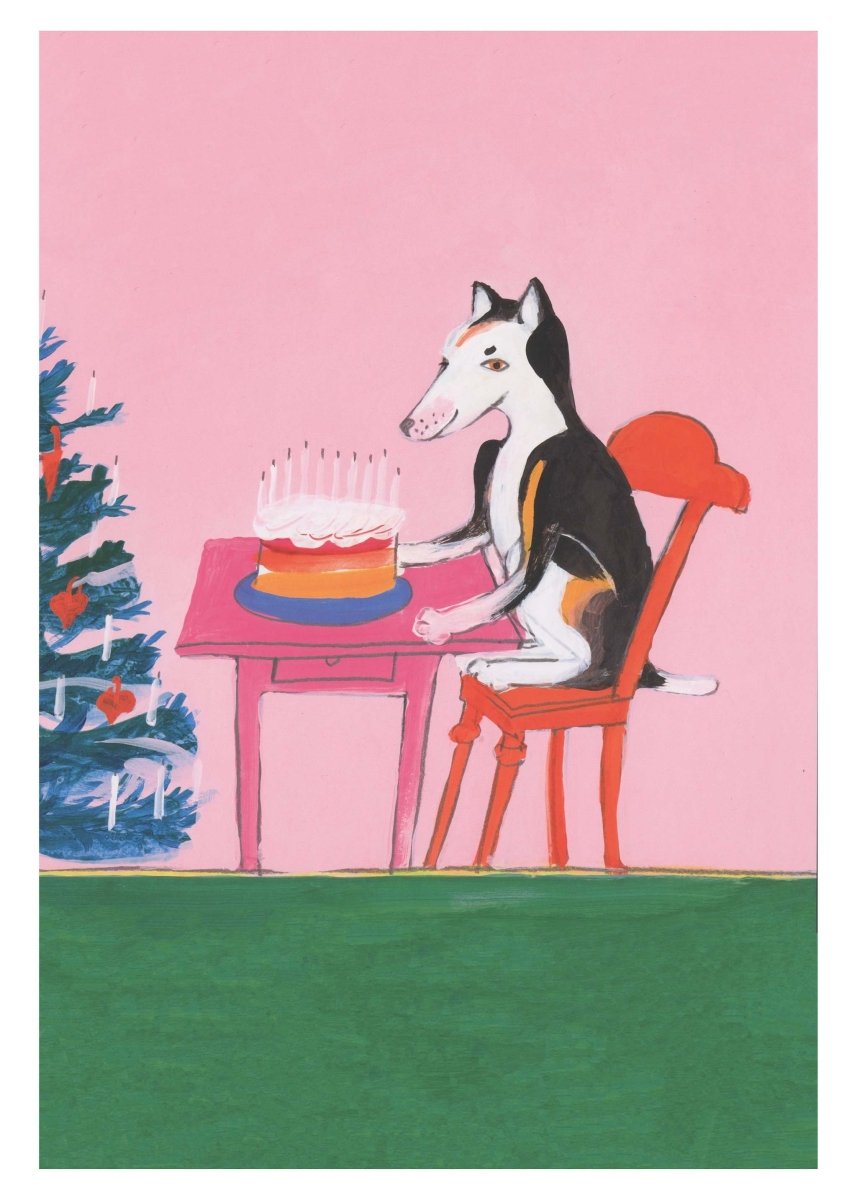 Mesters fødselsdag plakat af Thomas Winding – humoristisk hundeplakat med fest og kage, børneplakat til hjemmet.