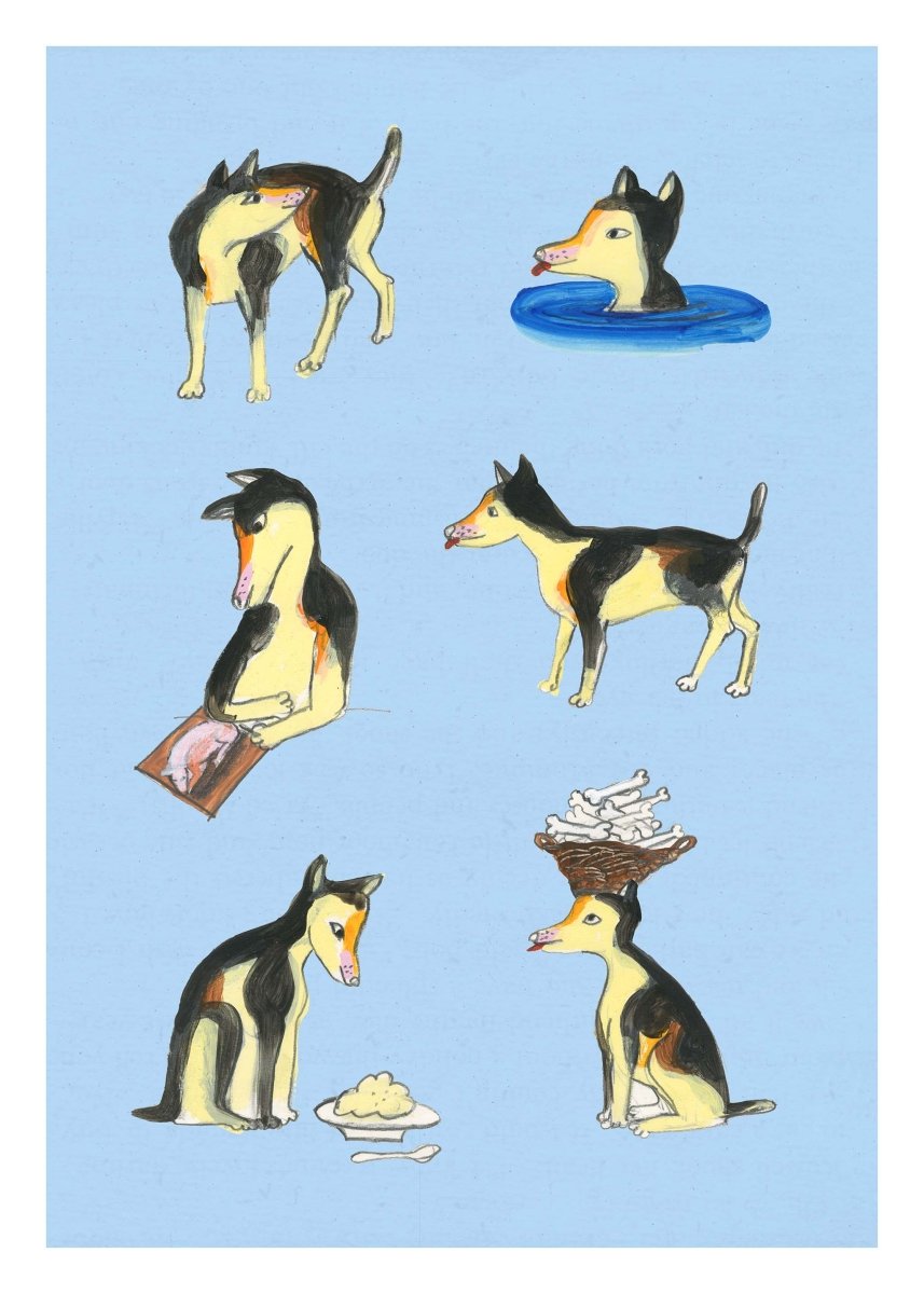 Mester plakat af Thomas Winding – En dag i Mesters liv, farverig hundeplakat med flere sjove hverdagsscener.