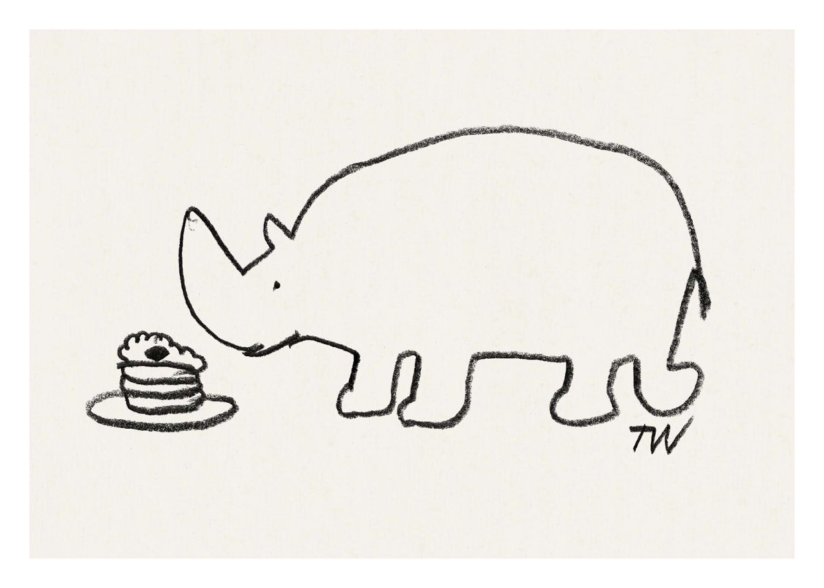 Plakat med næsehorn og lille kage af Thomas Winding – enkel stregtegning med humor og charme.