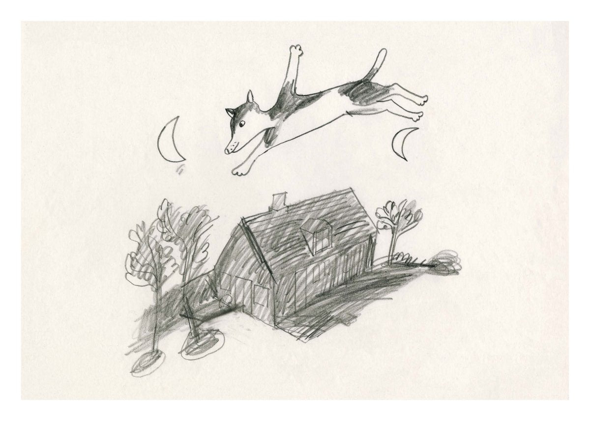 Mester drømmer plakat af Thomas Winding – poetisk hund under månen, børneplakat fra Den Store Mester-Bog.