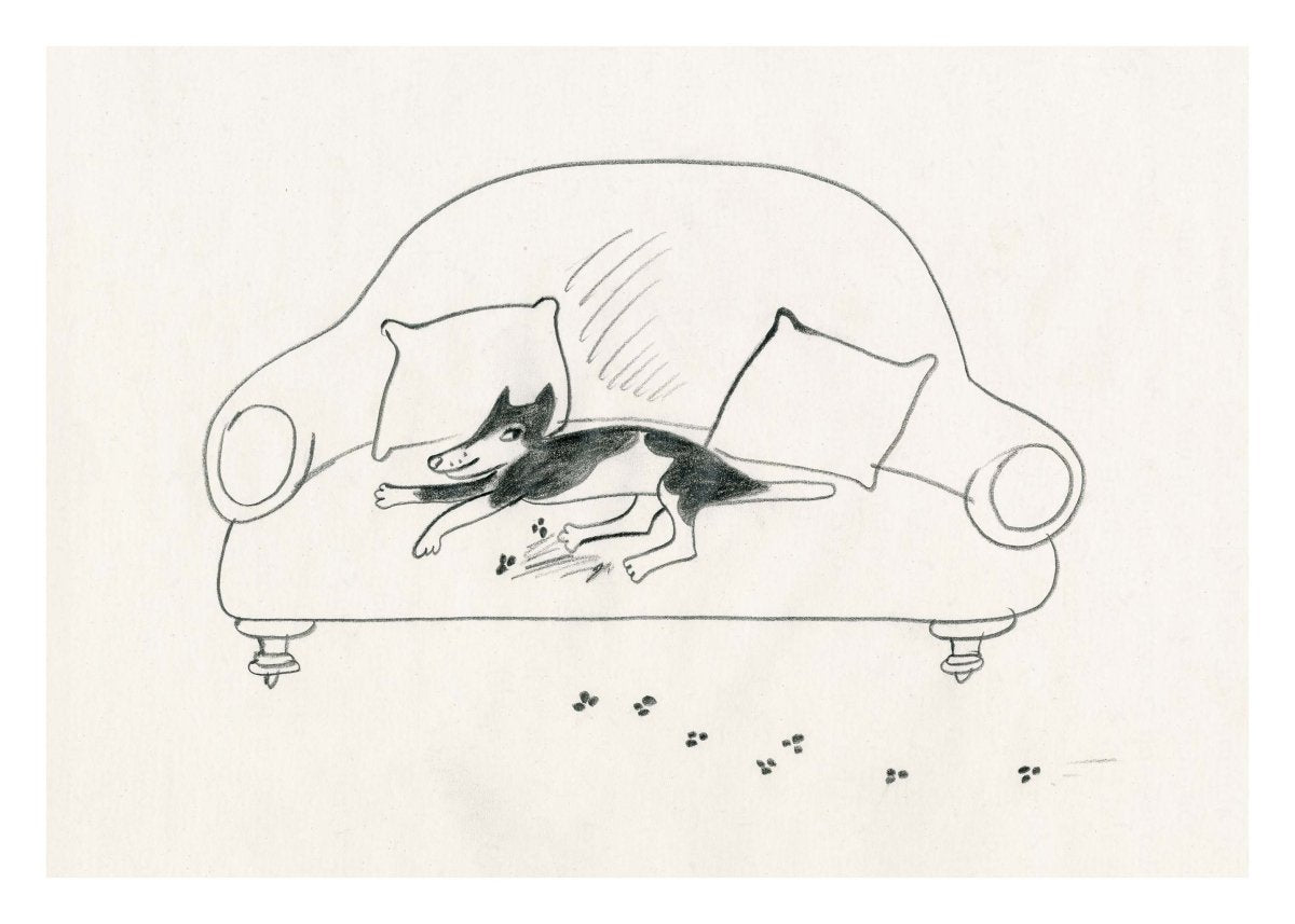 Sofa Mester plakat af Thomas Winding – humoristisk hund i sofa, børneplakat fra Har børn ret til noget?.