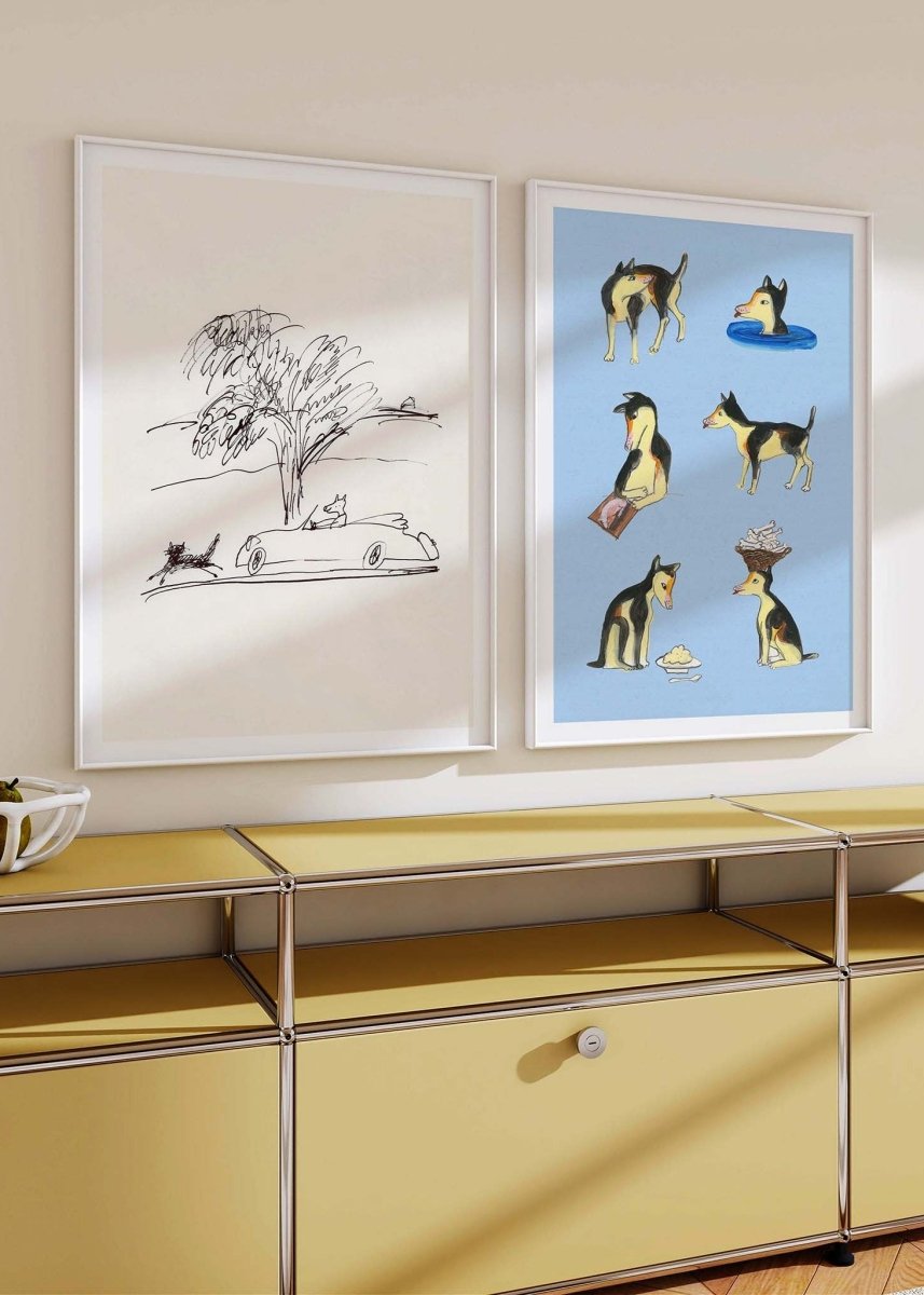 Mesters racerbils og Mesters hverdag plakater af Thomas Winding – udstillet som moderne børneplakater i hjemmet.