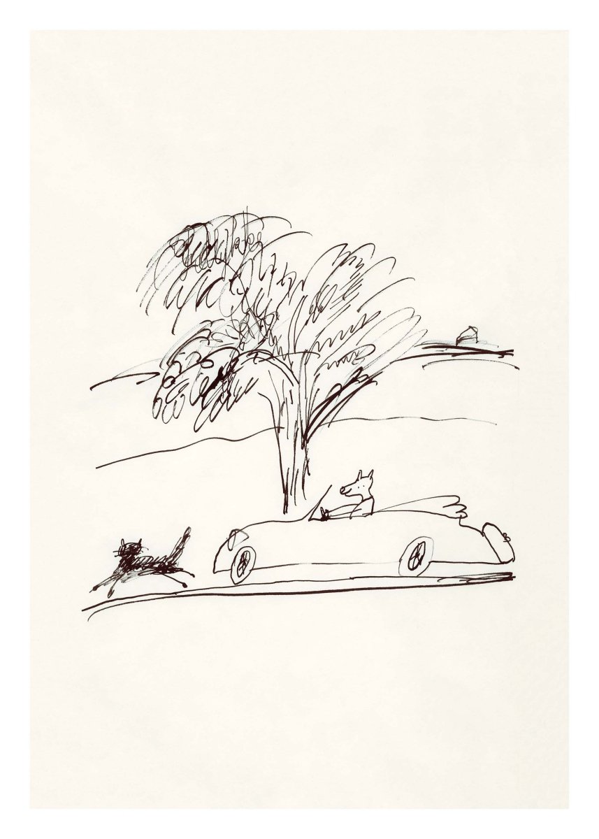 Mesters racerbils plakat af Thomas Winding – humoristisk stregtegning med fart og karakter til børneværelset.