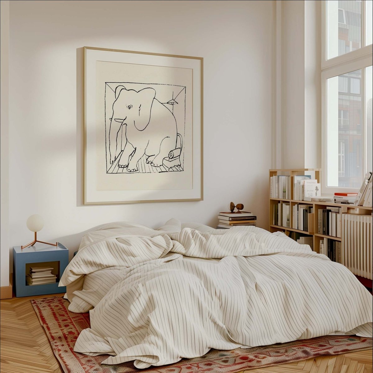 Humoristisk børneplakat af Thomas Winding med elefanten i rummet – hænger smukt og får soveværelset til at smile