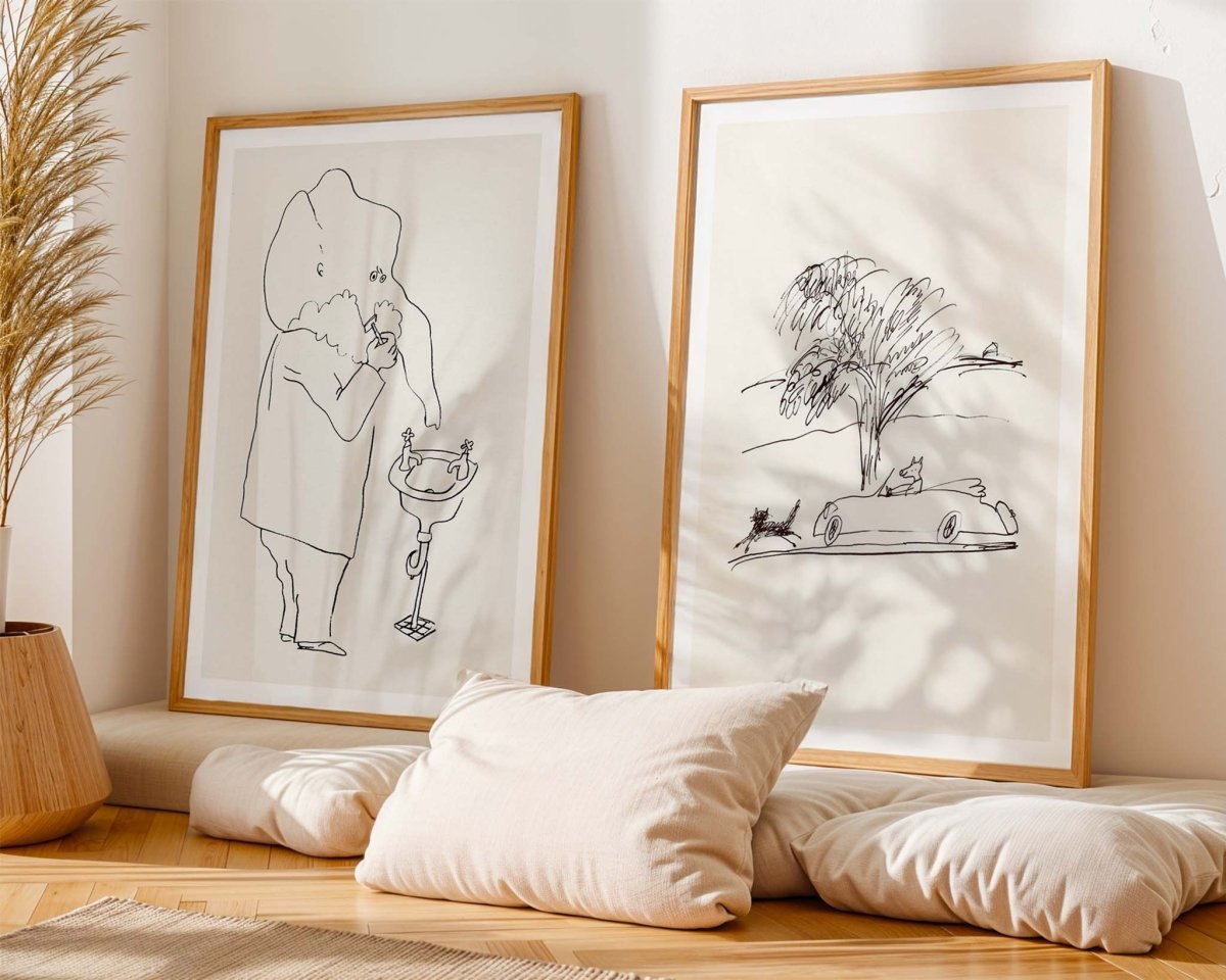 Kunstplakat af Thomas Winding – elefanten barberer sig, vist sammen med Mester Raser Bil som humoristisk galleri i stuen