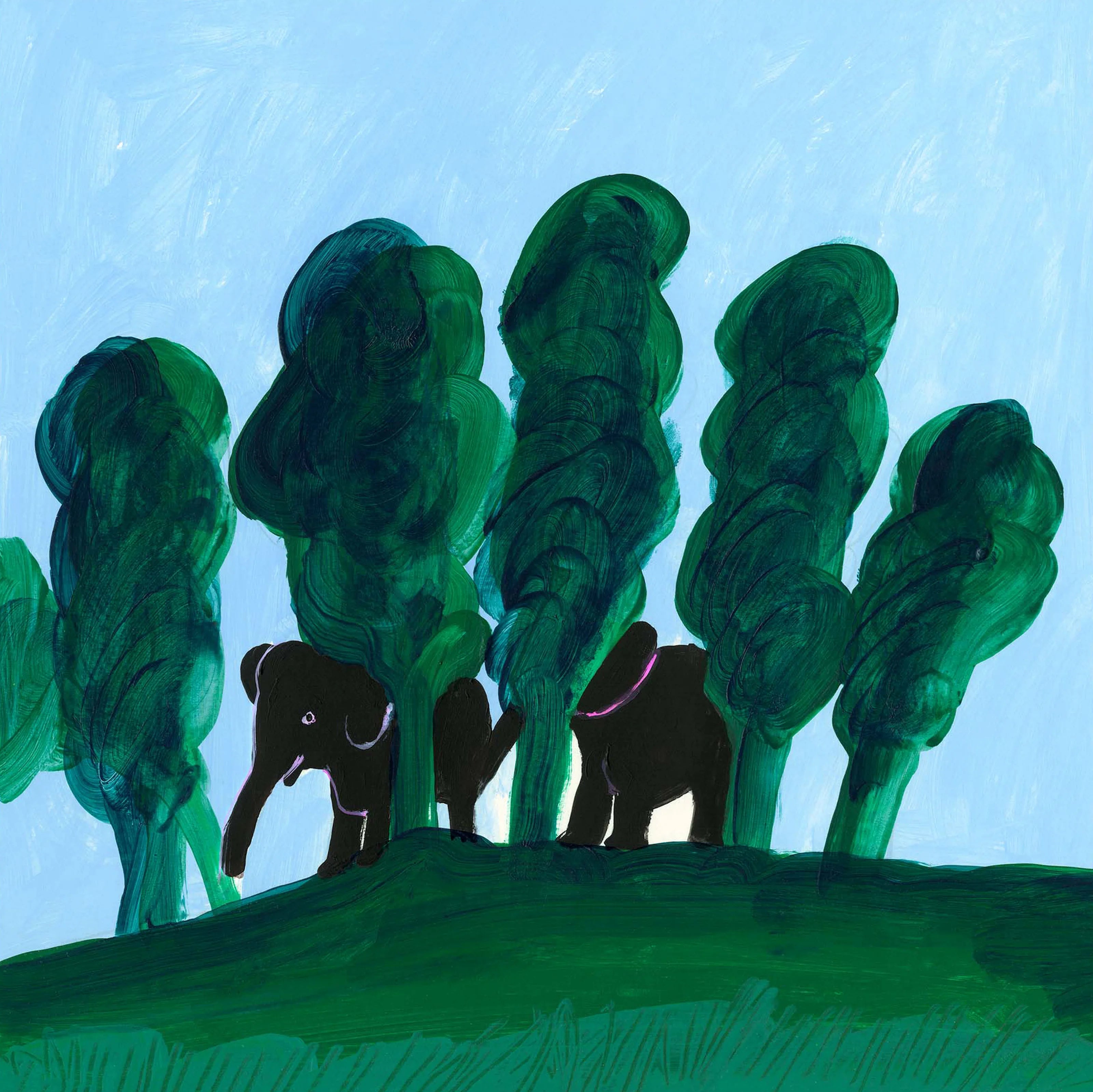 Illustration med elefanter i skov af Thomas Winding – dansk børneplakat i kunstnerisk design.