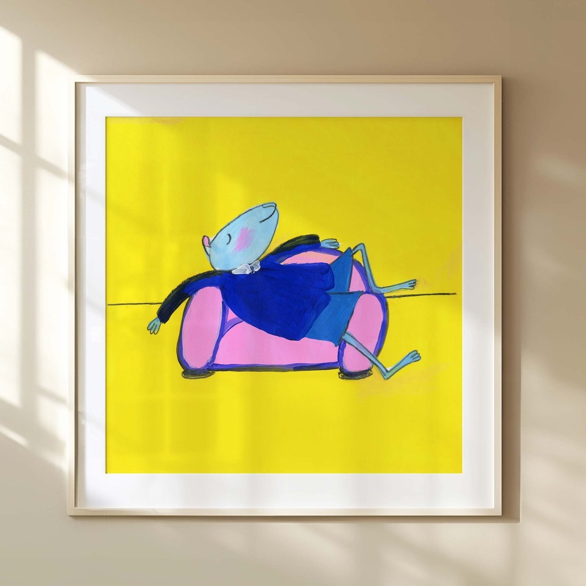 Illustration af Thomas Winding – Mussemand troner fra bogen Ping, Pong & Mussemand, farverig plakat med gul baggrund