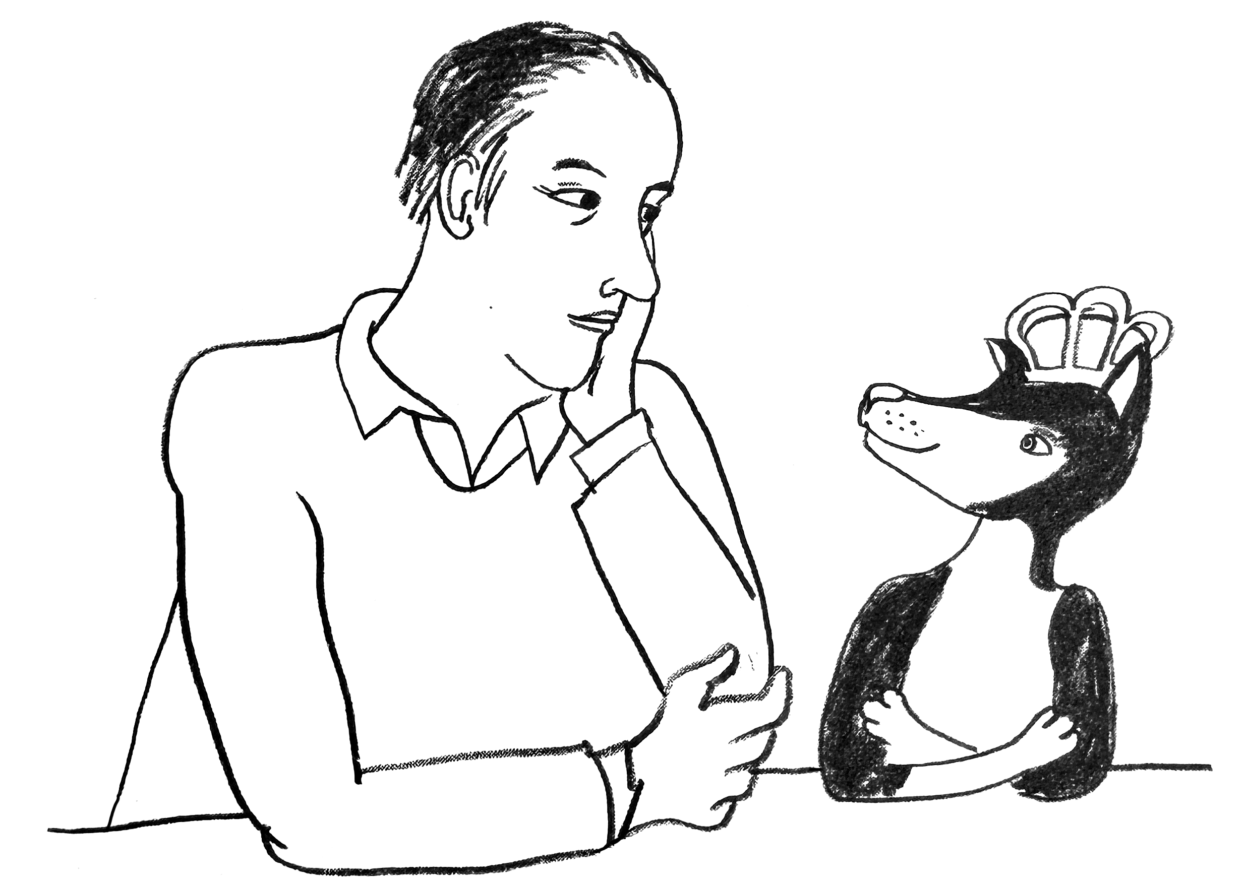 Selvportræt af Thomas Winding i samtale med hunden Mester, tegnet i sort-hvid.