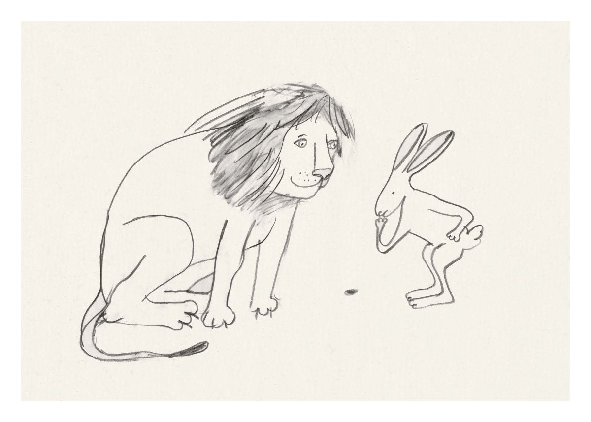 Et umage par plakat af Thomas Winding – løve og hare i enkel stregtegning, humoristisk børneplakat.