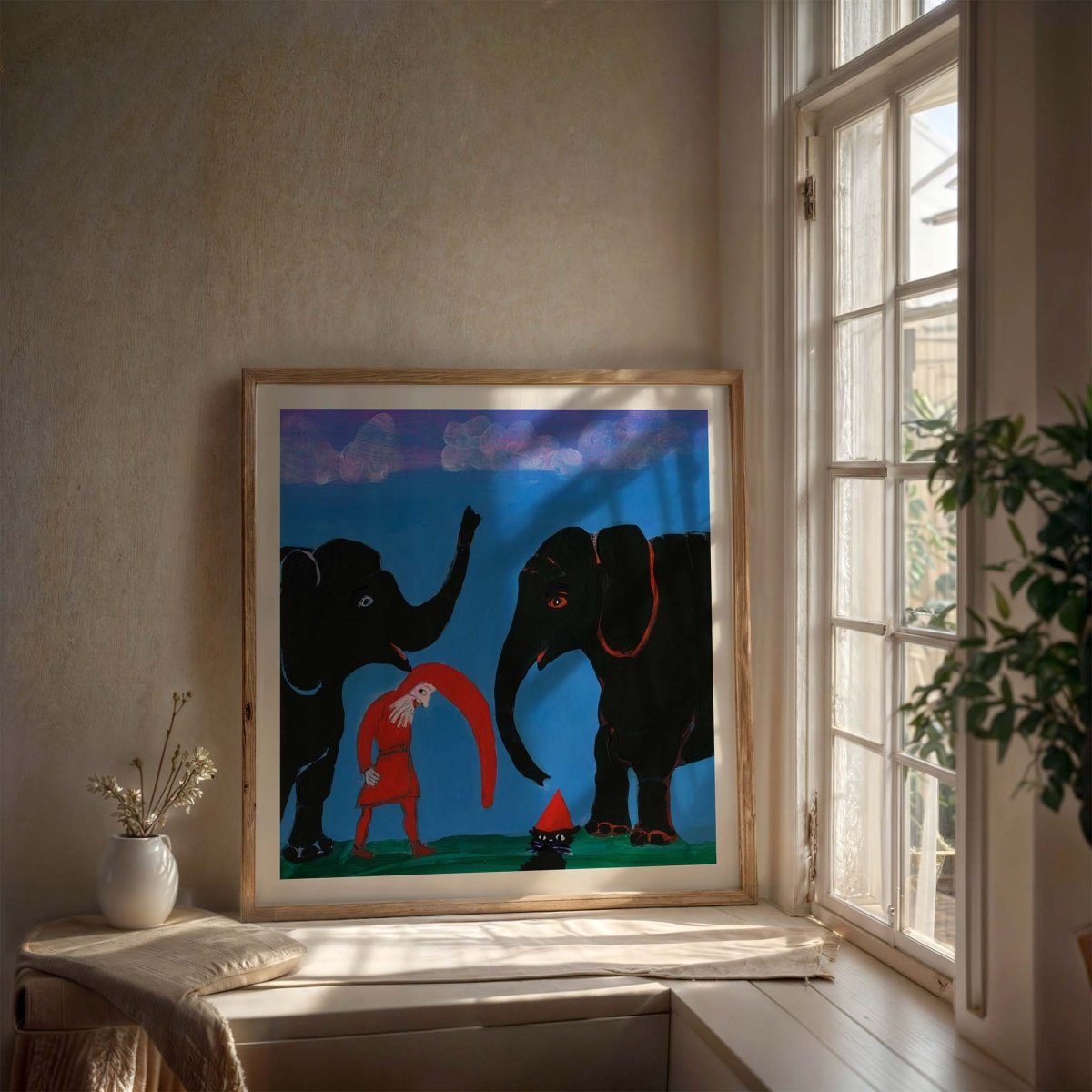 Thomas Winding plakat Snik snak snabel – farverig elefant børneplakat udstillet i moderne stue.